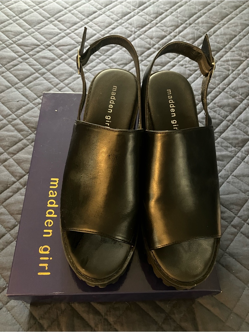Madden Girl Black Leather Open-Toe Slingback Mules